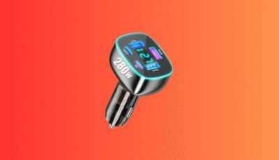 The UYUXIO 5-port USB car charger providing fast charging to five different devices simultaneously in a car.