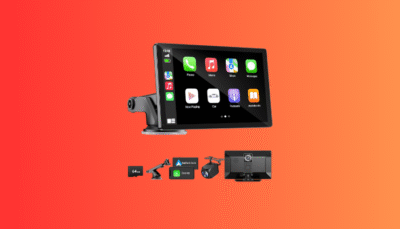 The all-in-one Portable CarPlay Screen with a built-in 4K dash cam modernizing the interior of a car.