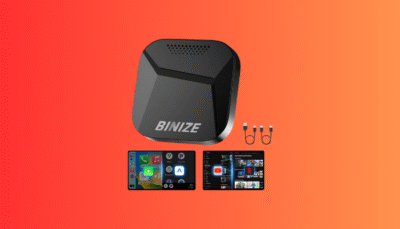 The Binize CarPlay AI Box running a full Android 13 system with multiple apps on a car's infotainment screen.