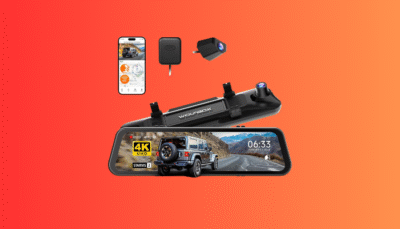 The WOLFBOX G900 PRO 12-inch mirror dash cam displaying a crystal-clear, wide-angle rear view