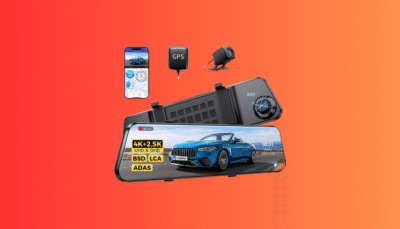 The AZDOME PG17 Max intelligent mirror dash cam displaying its 4K view with ADAS and Blind Spot Detection alerts