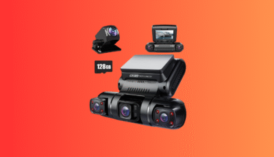 The PRUVEEO 360 dash cam illustrating its complete 4-channel, 360-degree view with no blind spots.