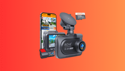 The ROVE R2-4K dash cam showing its front and rear camera view on the 3-inch IPS screen.