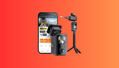The versatile Vantrue E360 ACE 360° camera, shown both mounted as a dash cam and on its handheld action camera grip.